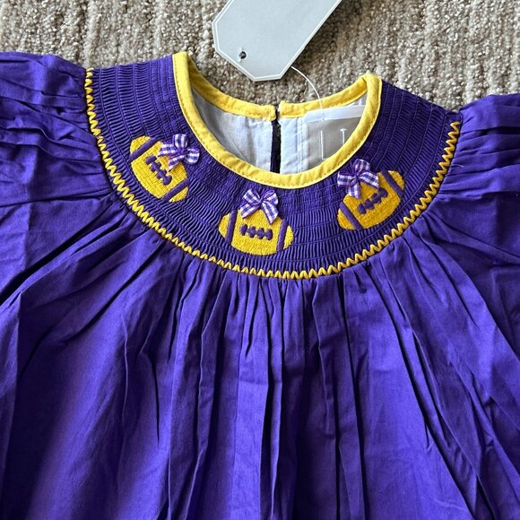 NWT LIL CACTUS ~ SMOCKED FOOTBALL DRESS ~ sz.18-24mos. ~ LSU COLORS ~ BOWS - Picture 6 of 7